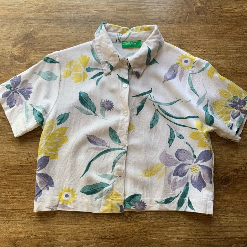 United Colors of Benetton Shirt Linen Floral Cropped XS Button Down Blouse